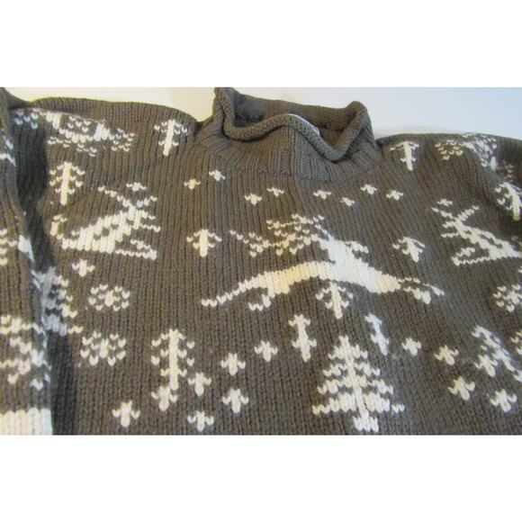 Nomadic Traders Christmas Deer Snow Trees Sweater 100% Wool Olive White Women L - Picture 2 of 7